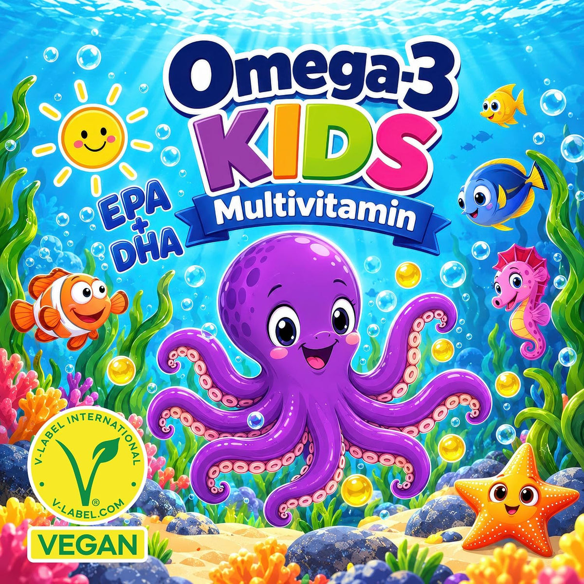 Omega-3 KIDS Algenöl Tropfen für Kinder mit DHA & EPA + D3, K2, C, A & E