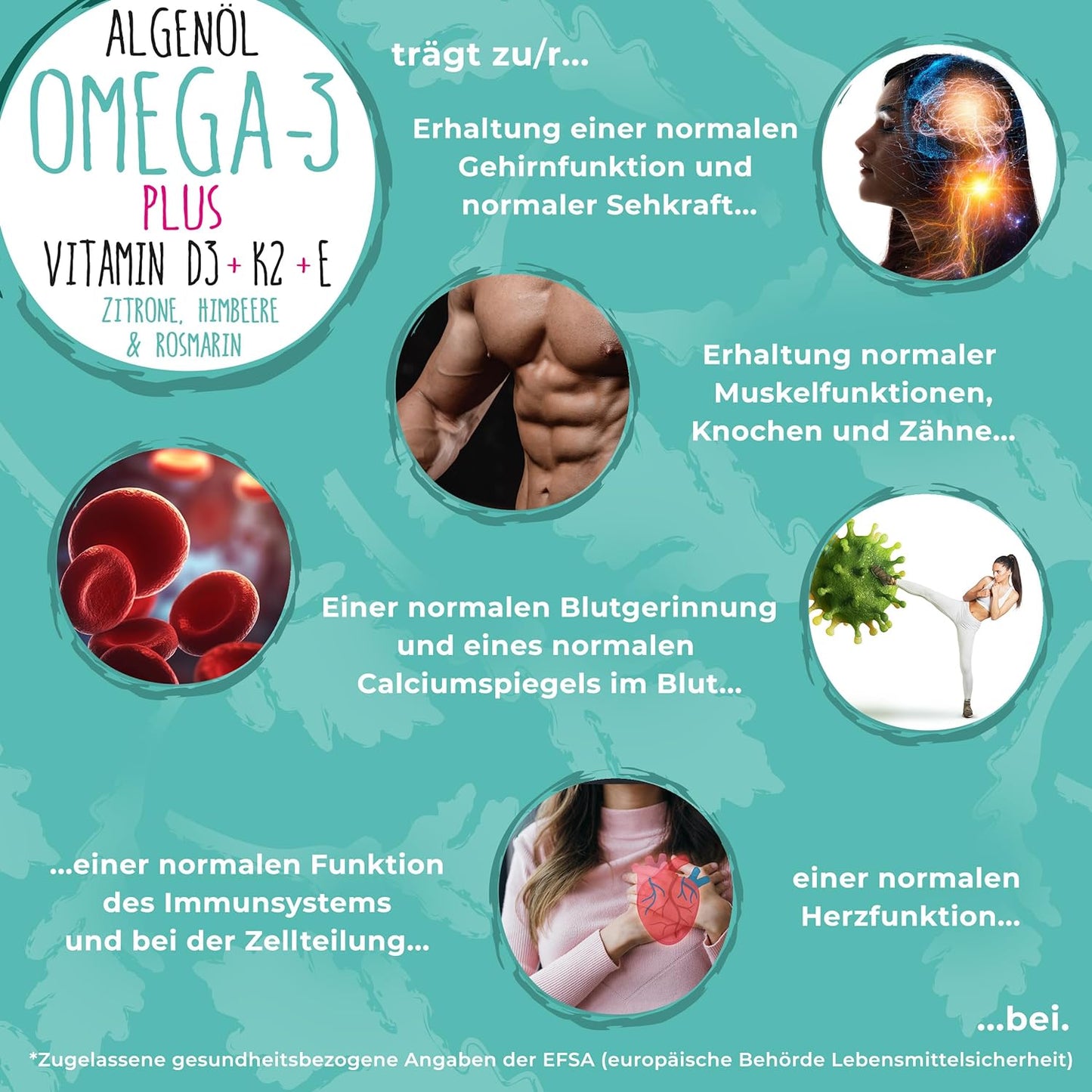 Omega-3 Algenöl PLUS - 40% DHA und 20% EPA mit Vitamin D3 + K2 + E - Himbeer, Zitrone und Rosmarinextrakt - Vegan (20ml = 4 Monats-Vorrat)