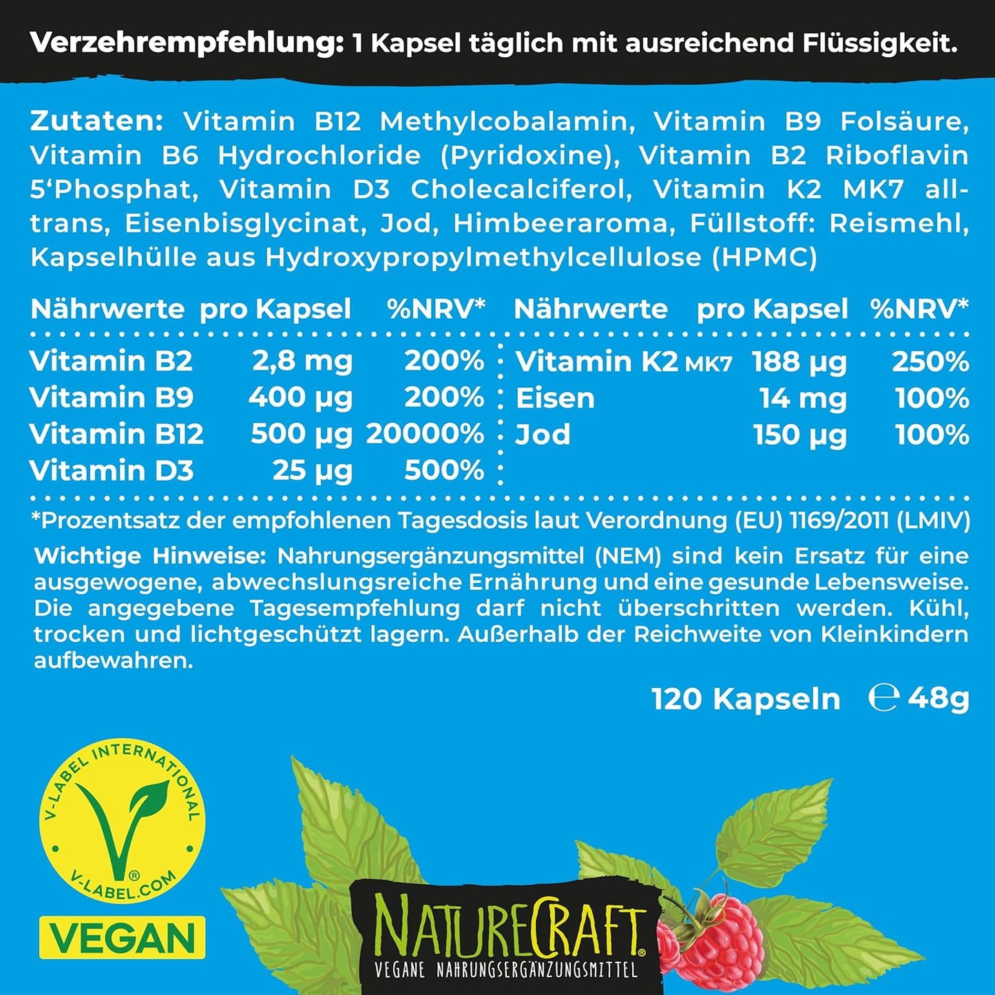 Vegan Basics - Vitamin B12+D3+K2+B2+B9 Folsäure + Eisen + Jod - Komplex mit 120 Kapseln (4 Monats-Vorrat)